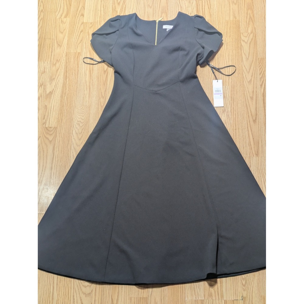 Calvin Klein Womens V-Neck Puff Sleeve Fit and Flare Midi Dress Black Size 6
